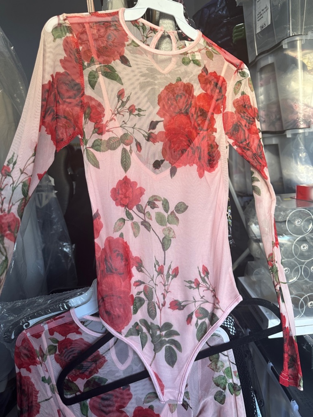 Pink Floral Mesh Long-Sleeve Bodysuit with Red Rose Print